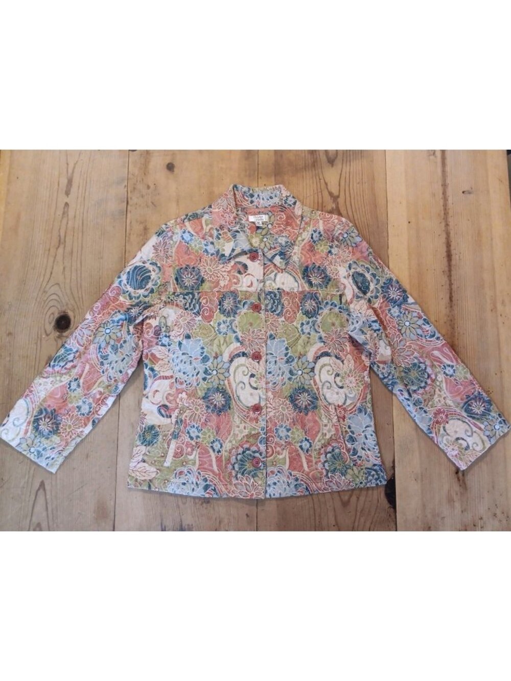 VTG Baxter & Wells Womens M Floral Jean Style Jacket Button Up Embroidered Pink